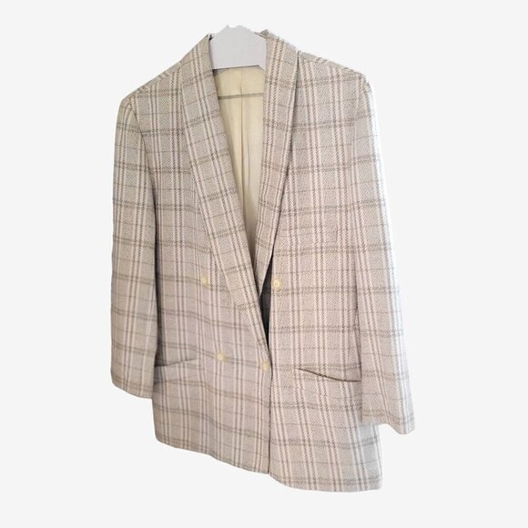 Adolfo Atelier  Vintage Plaid Blazer Beige Checkered Double Breasted - Picture 4 of 7